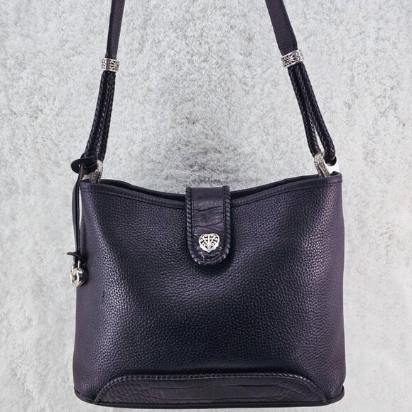 Brighton Handbags - BRIGHTON Black Pebble and Black Croc Embossed Leather Shoulder Bag Braided Strap